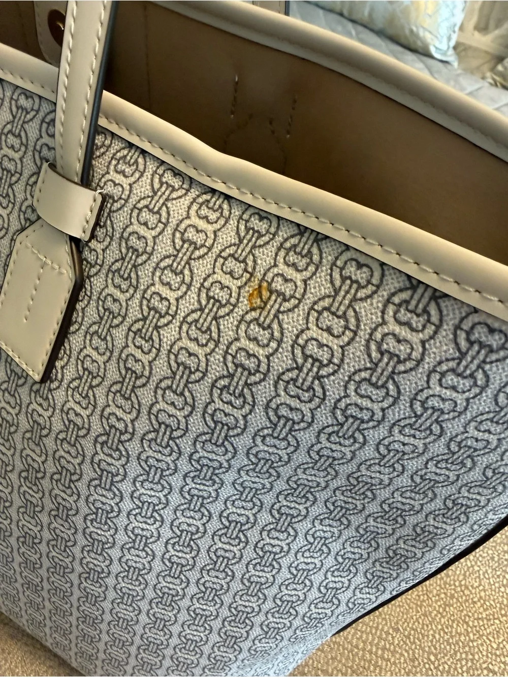 Tory Burch Cream Tote with Light Blue Center Stripe and Logo Print